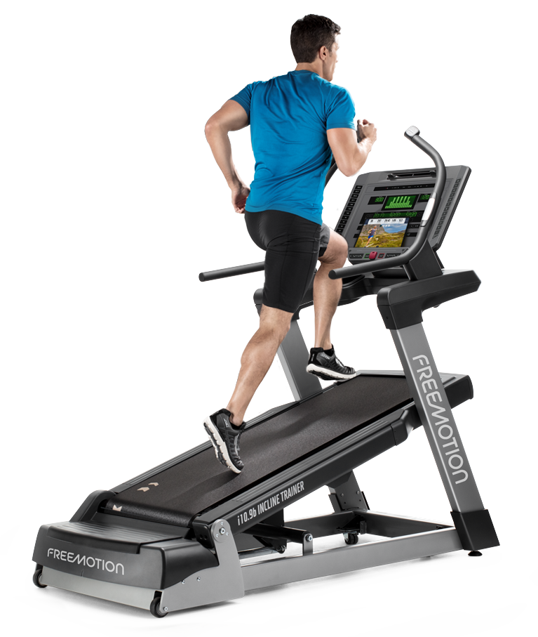 Man running on an inclined Freemotion treadmill.