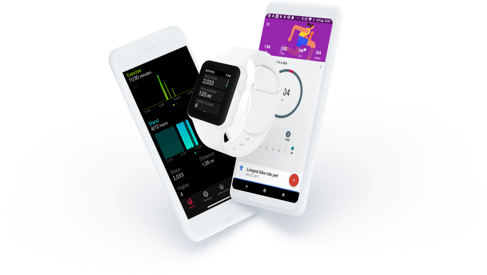 Smart phones and a smart watch all using the iFit Coach app.
