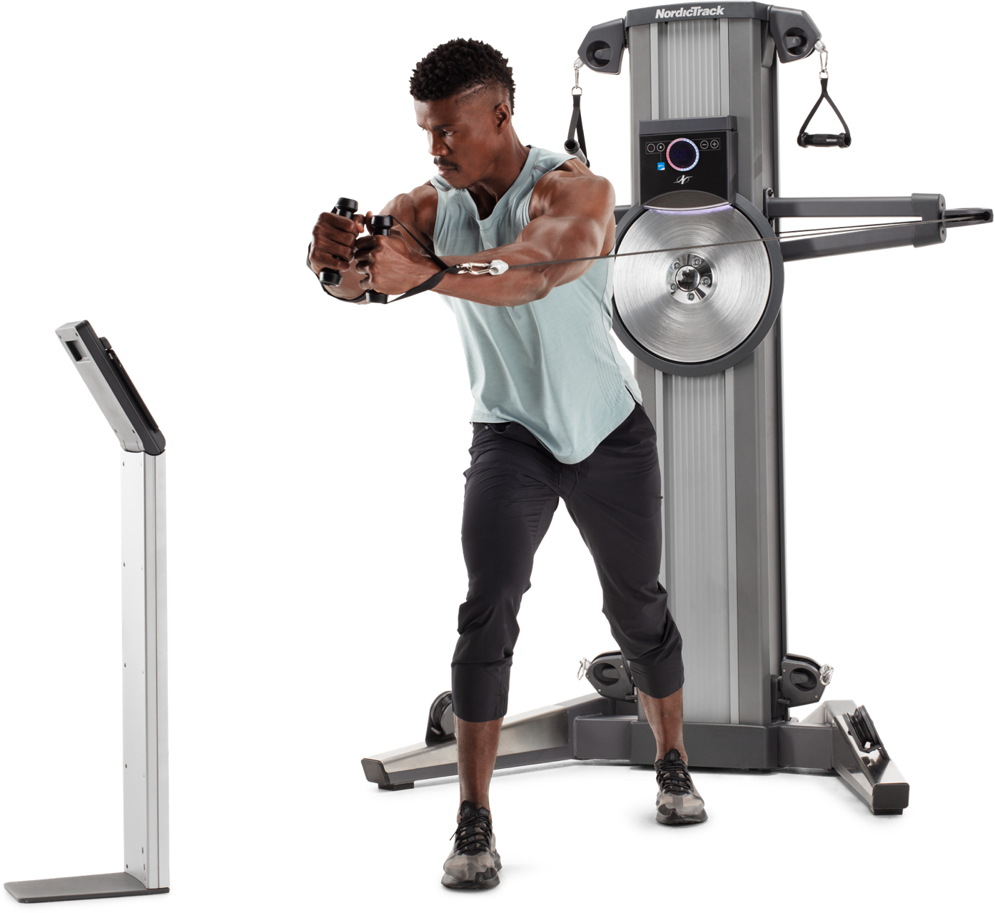 Man running on an iFit-enabled treadmill at a small incline.